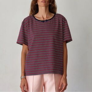 DONNI. cotton model short sleeve tee navy burgundy red striped shirt size XS